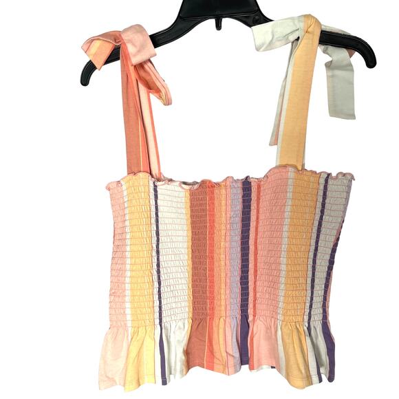 Bar III Striped Cotton Smocked Peplum Tie-Strap Sherbet Stripe My Peach Large - Picture 4 of 7